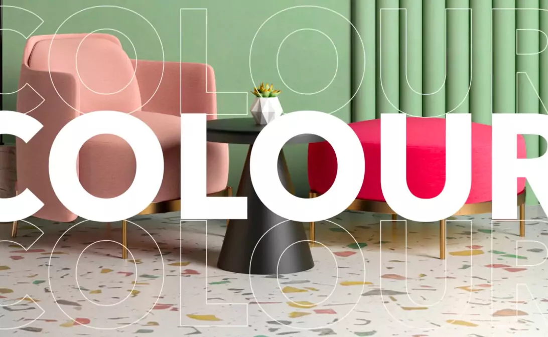 Colourful interior design scene with bold text overlay, representing creative travel marketing campaigns.