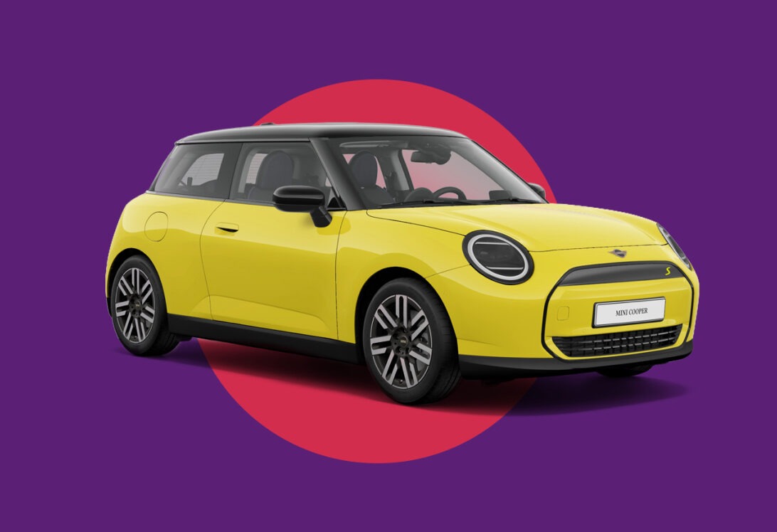 Digital asset created for automotive brand MINI featuring a yellow MINI Cooper with a modern graphic backdrop.