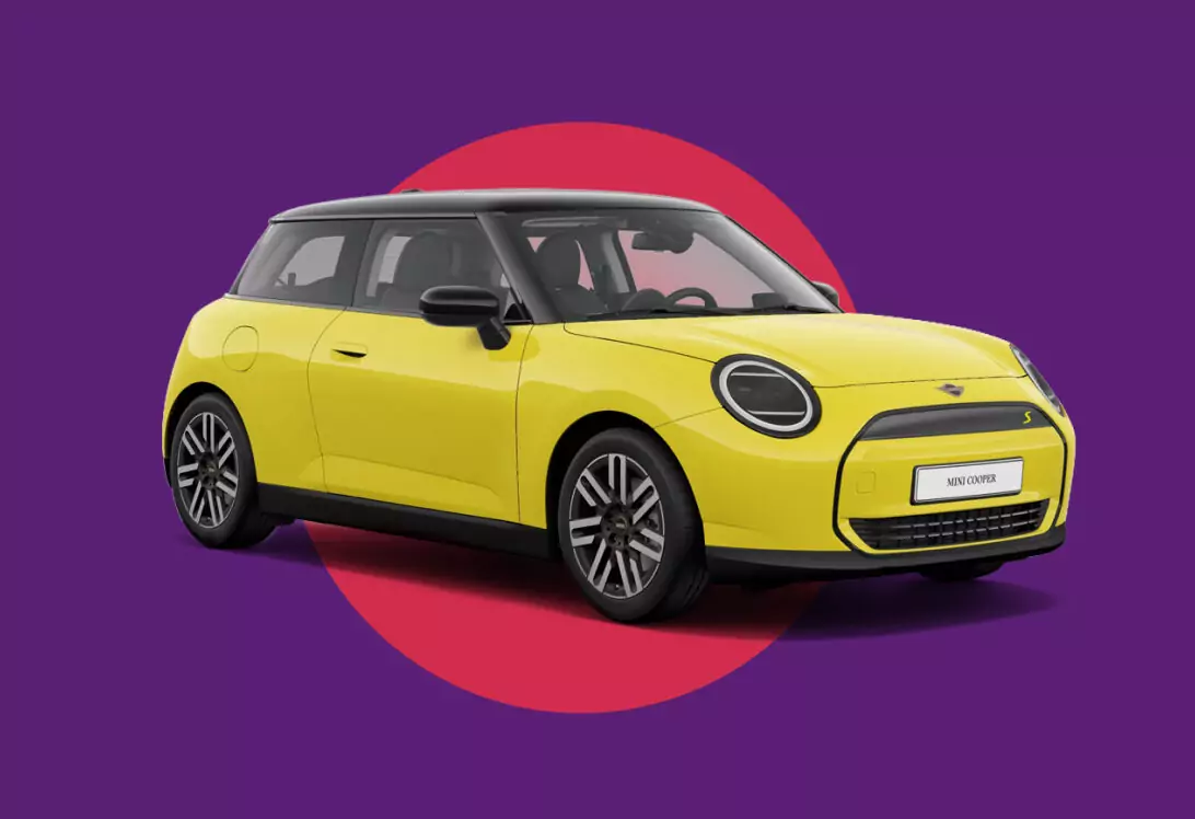 Digital asset created for automotive brand MINI featuring a yellow MINI Cooper with a modern graphic backdrop.