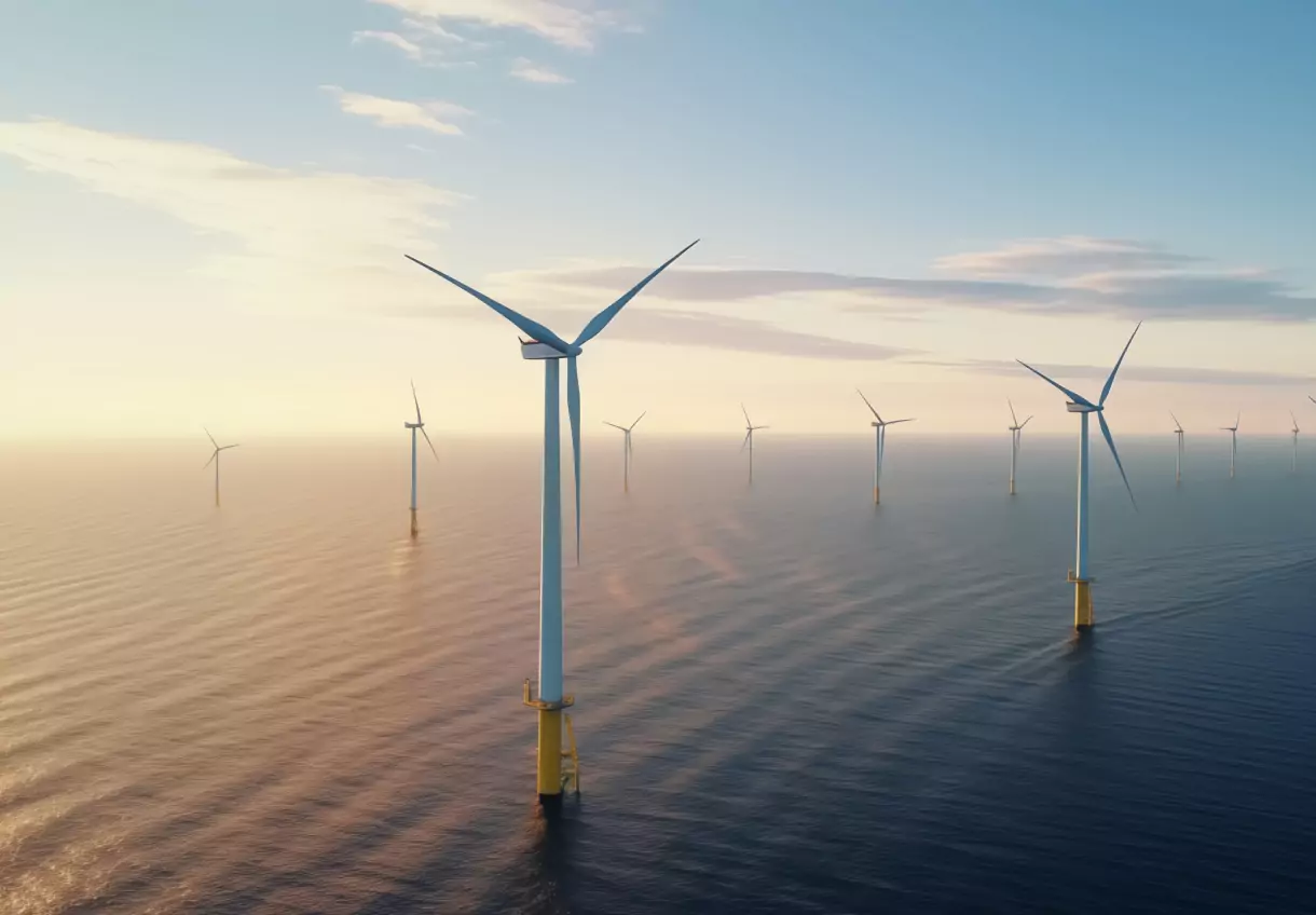 Offshore wind farm at sunrise representing renewable energy and climate tech innovation