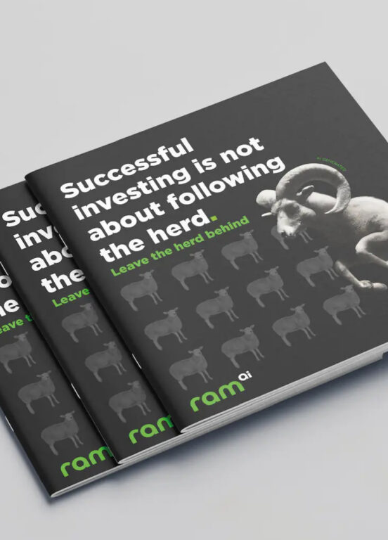 RAM Active Investments brand identity and printed marketing materials